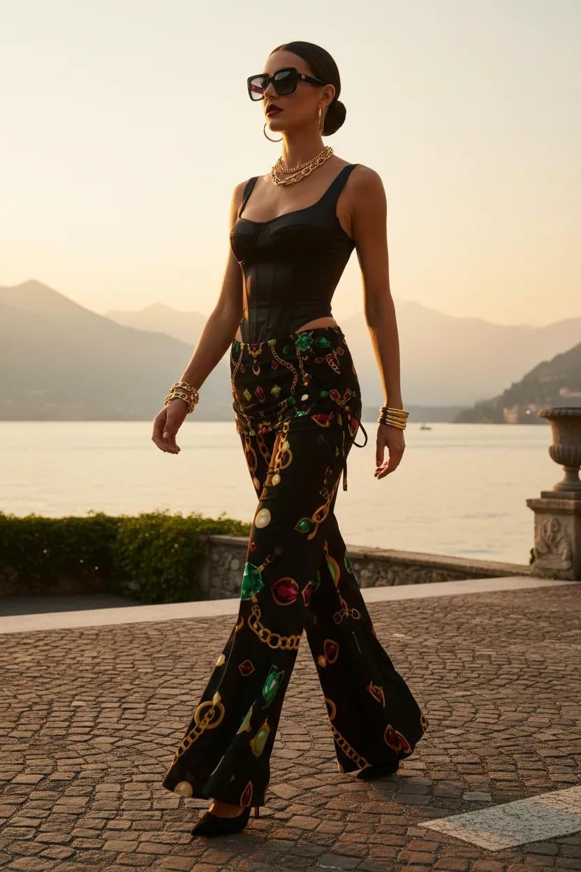 Angelic Blessing women's modern baroque print pants in black with gold chain and jewel pattern and flared silhouette