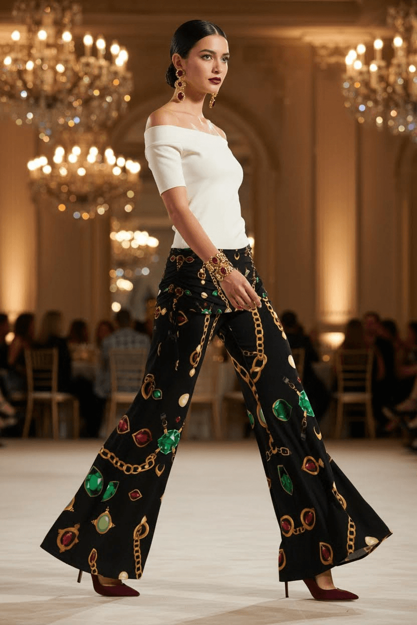 Women’s modern baroque print pants by Angelic Blessing in black with gold chains and jewel patterns, wide-leg silhouette