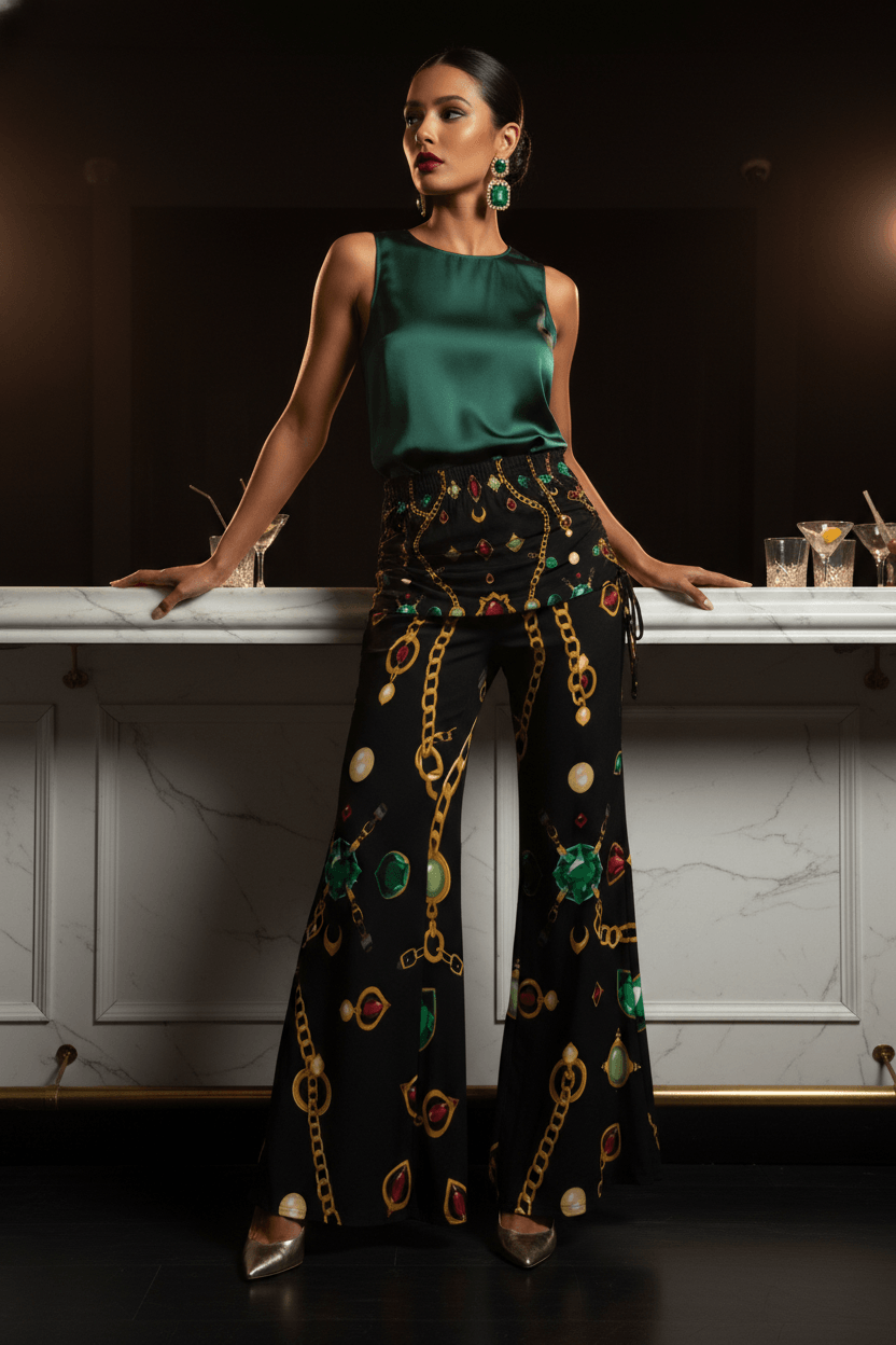 Angelic Blessing women's modern baroque print pants with black background and colorful chain motifs in wide-leg silhouette