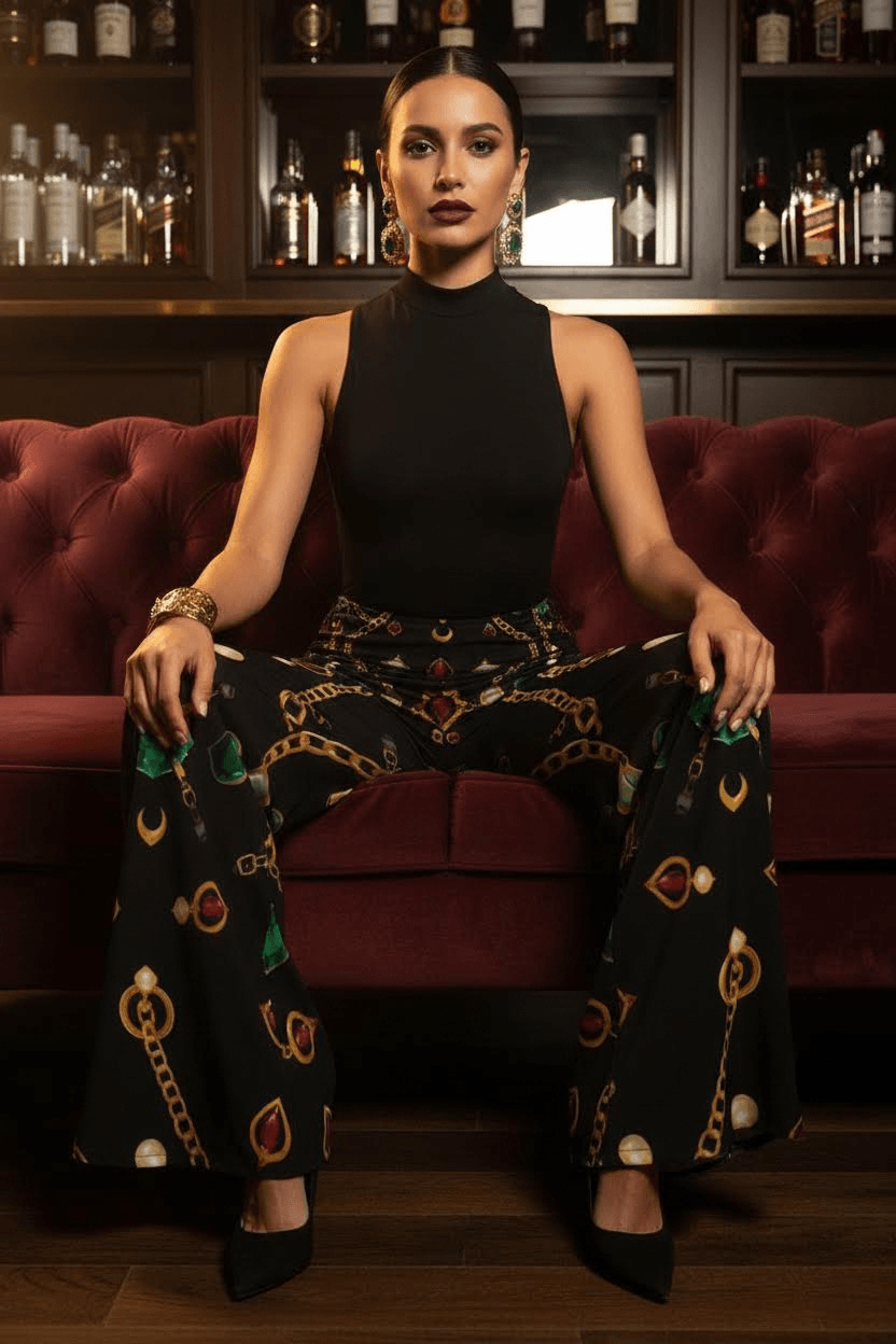 Angelic Blessing women's modern baroque print pants in black with gold chain and jewel motifs, wide-leg silhouette