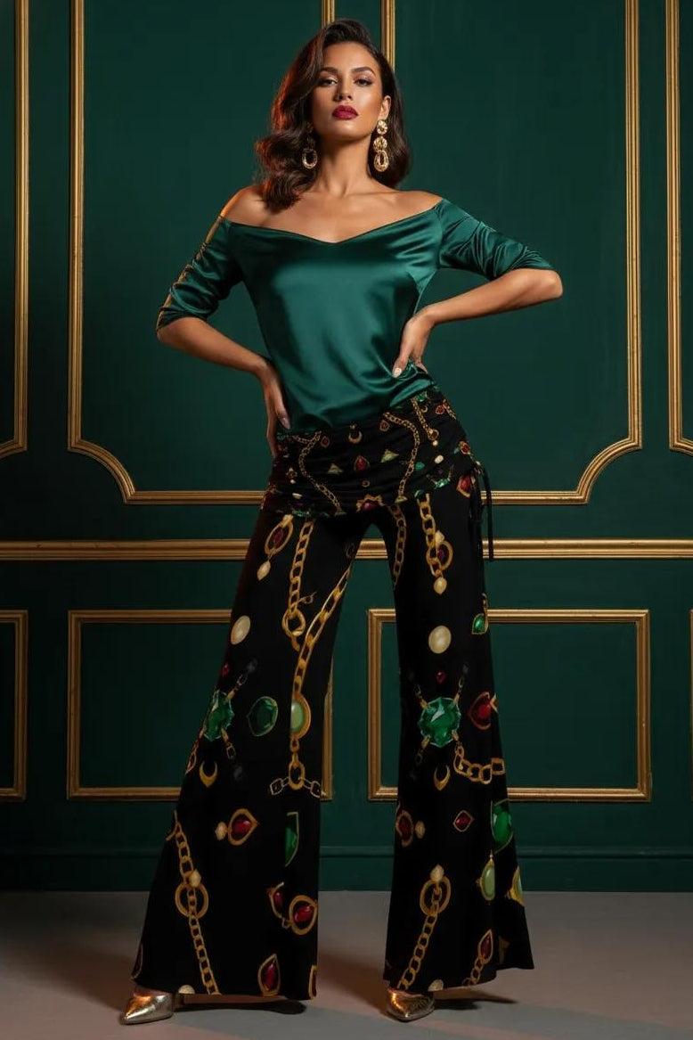 Black women's modern baroque print pants with gold chain and jewel pattern, wide-leg silhouette from Angelic Blessing