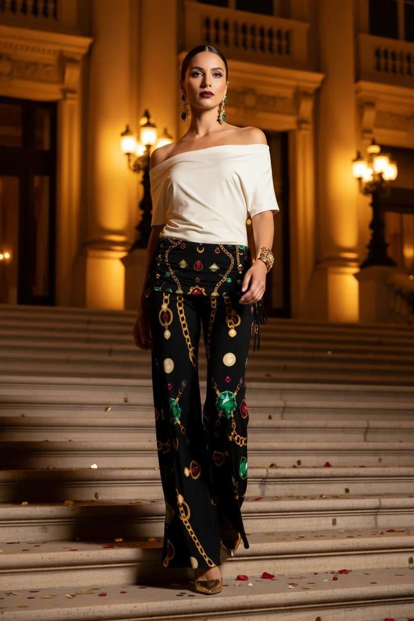 Angelic Blessing women's modern baroque print pants in black with gold chain and jewel patterns, wide-leg silhouette