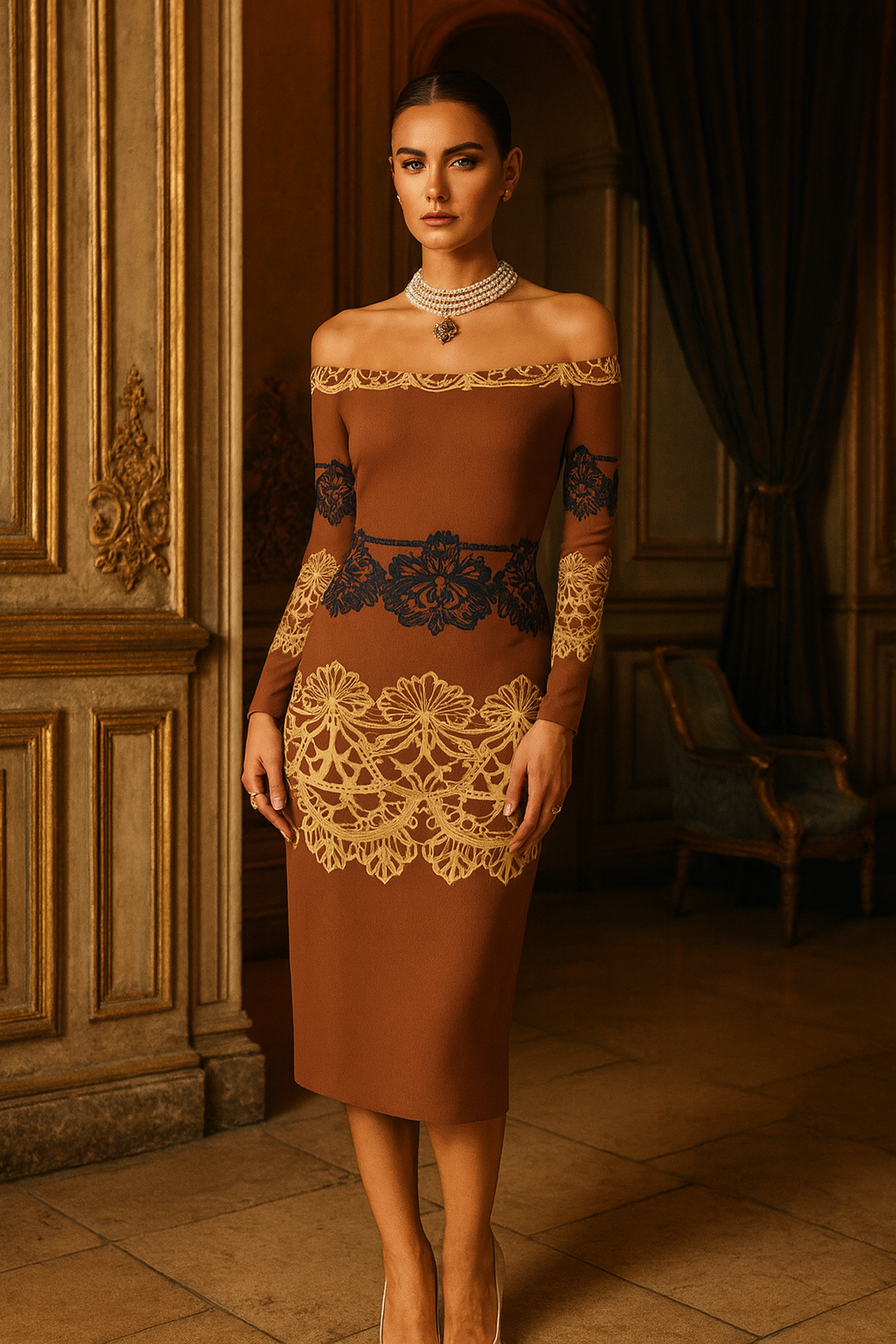 Brown Baroque Lace Long Sleeve Wrap Midi Dress with Off Shoulder Design - Angelic Blessings