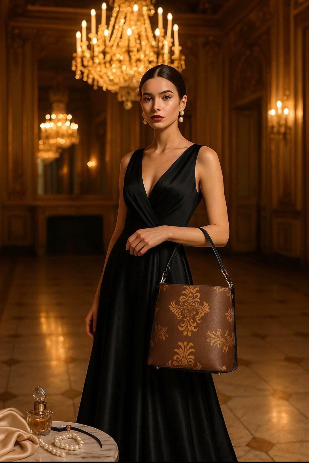 Elegant woman in black dress holding brown baroque print bucket handbag in luxury interior