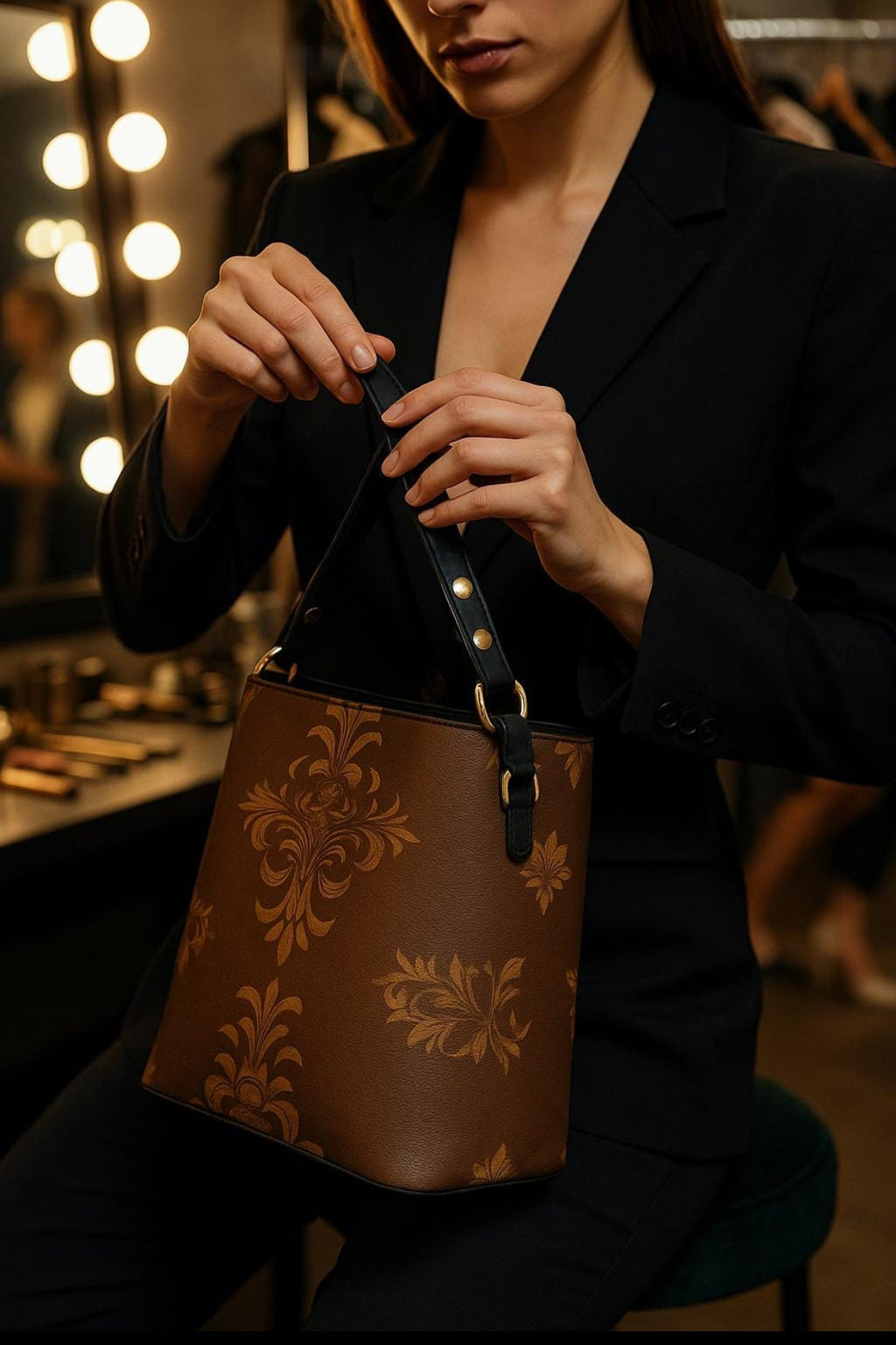 Brown baroque print bucket handbag held by woman in black outfit from Angelic Blessings Shop