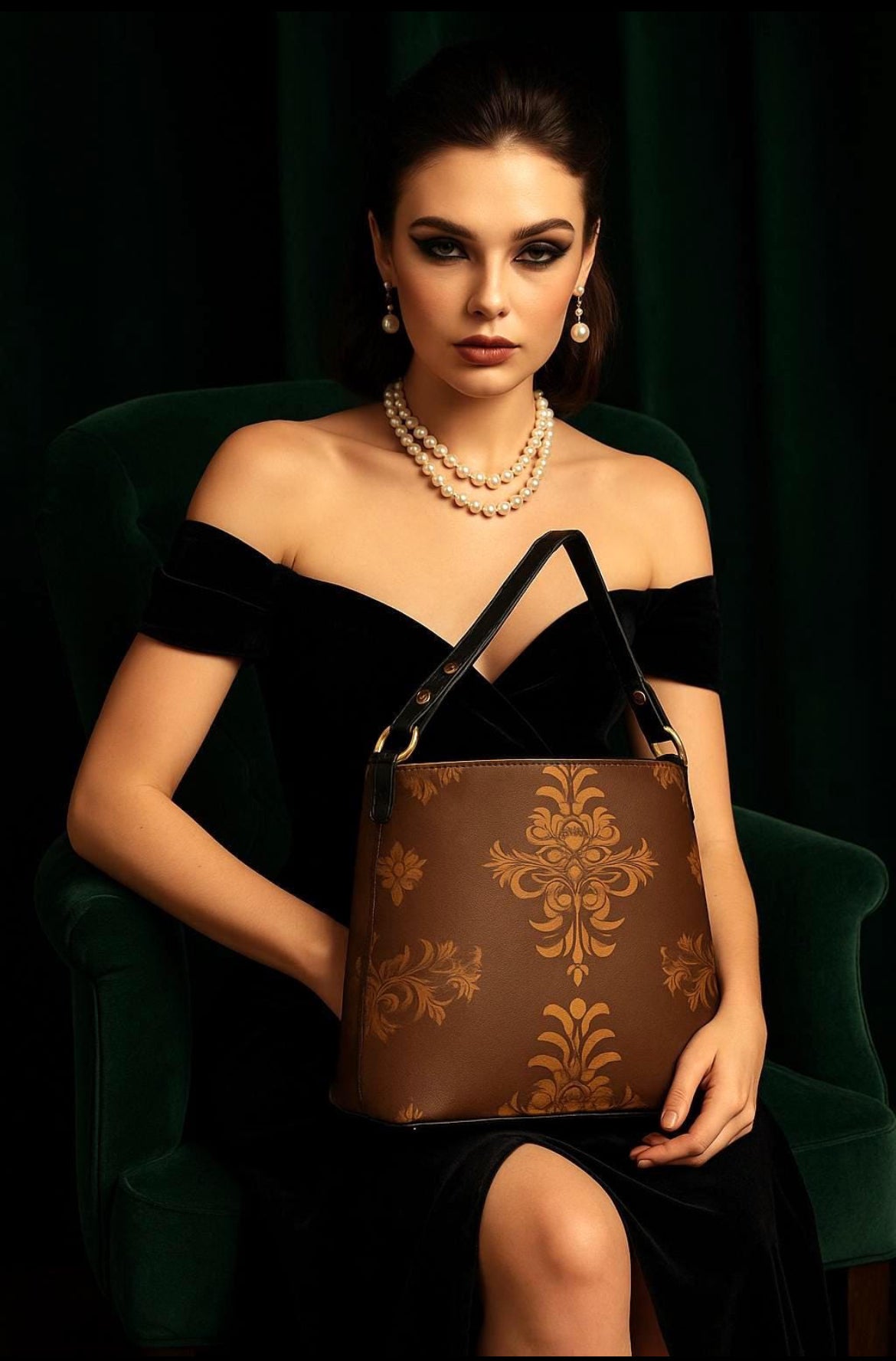 Brown baroque print bucket handbag held by woman in black dress with pearl necklace