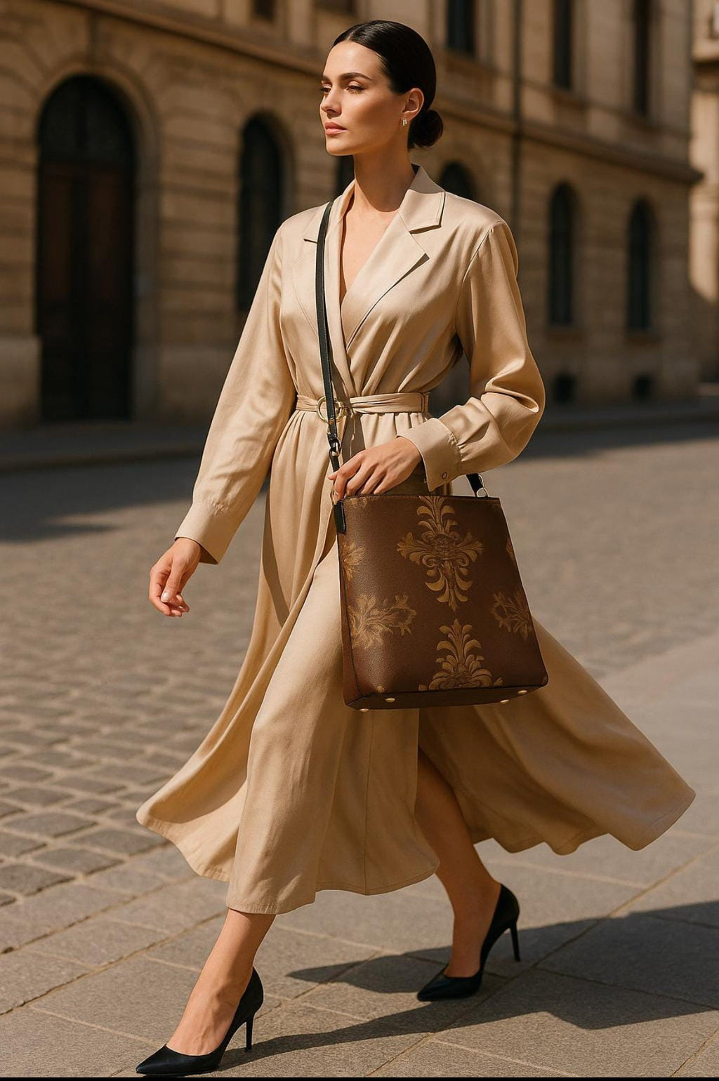 Woman wearing beige dress carrying brown baroque print bucket handbag with black strap outdoors