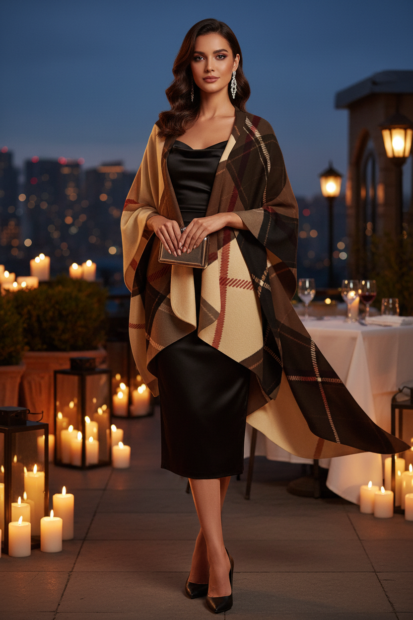Tartan Shawl Elegant Evening Outfit Classic Stylish Warm Accessory