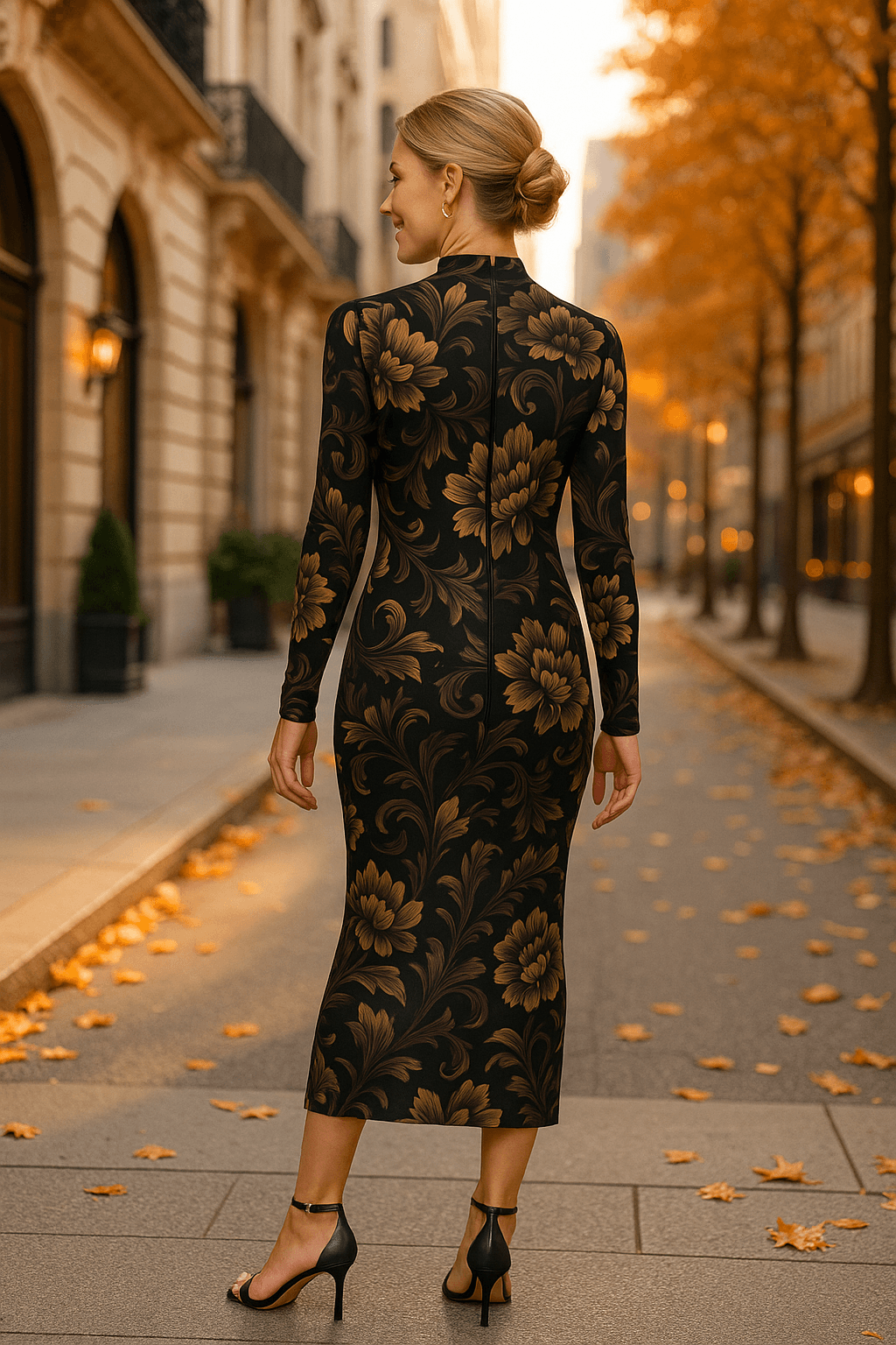 Woman wearing brown gold baroque midi dress with turtleneck and long sleeves walking on autumn street