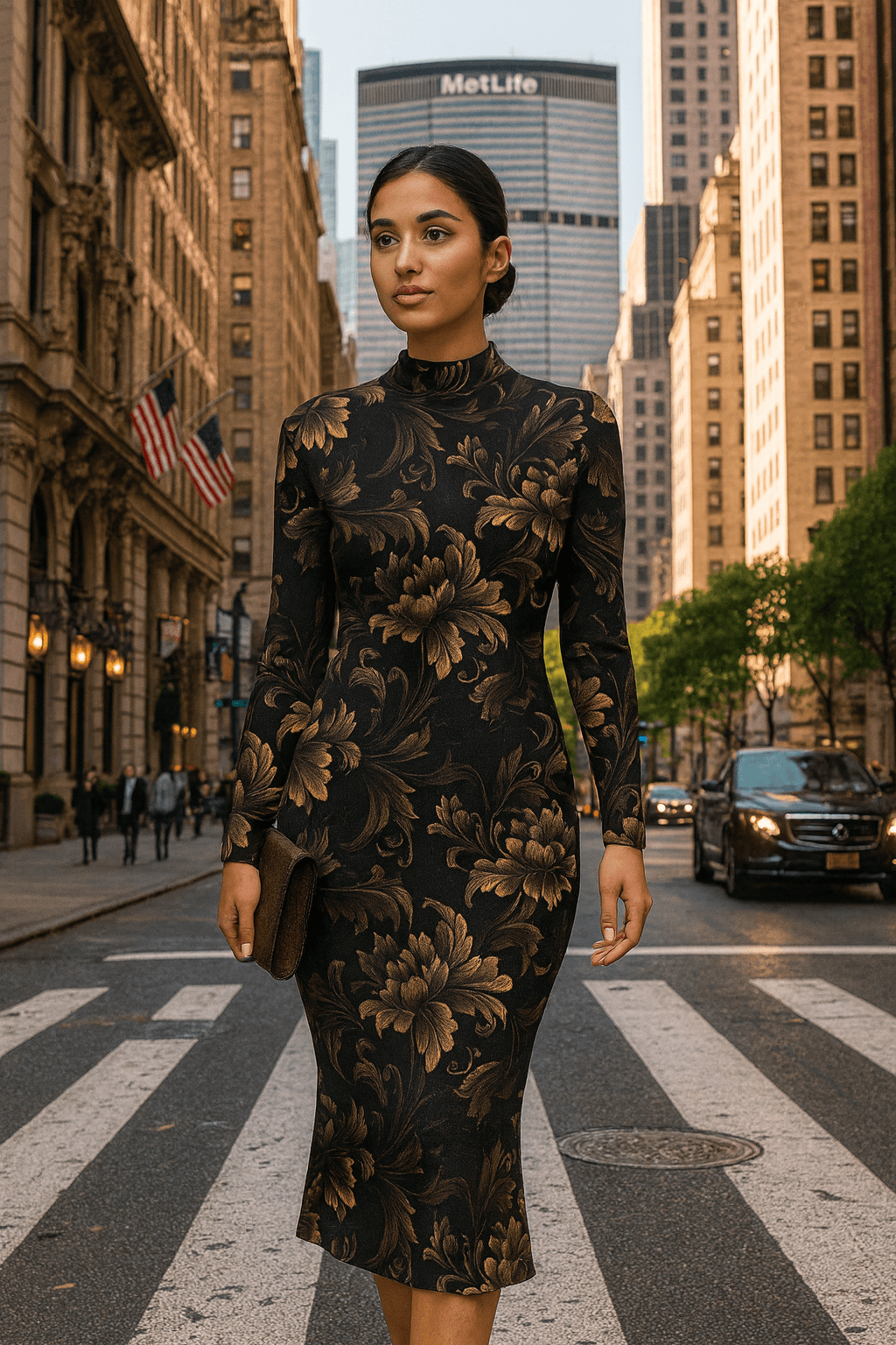 Brown gold baroque midi dress turtleneck worn by woman walking in city street