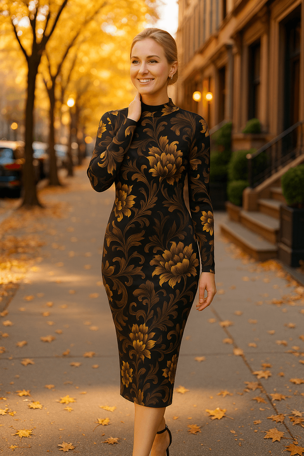 Woman wearing brown gold baroque midi dress with turtleneck and long sleeves walking outdoors