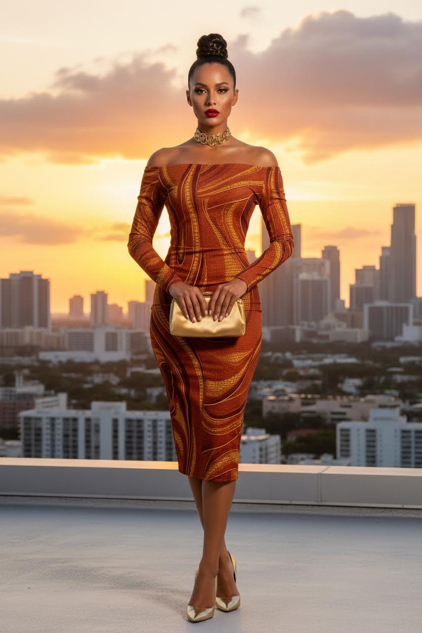 Brown gold mosaic off shoulder bodycon midi dress for women luxury evening wear S-6XL