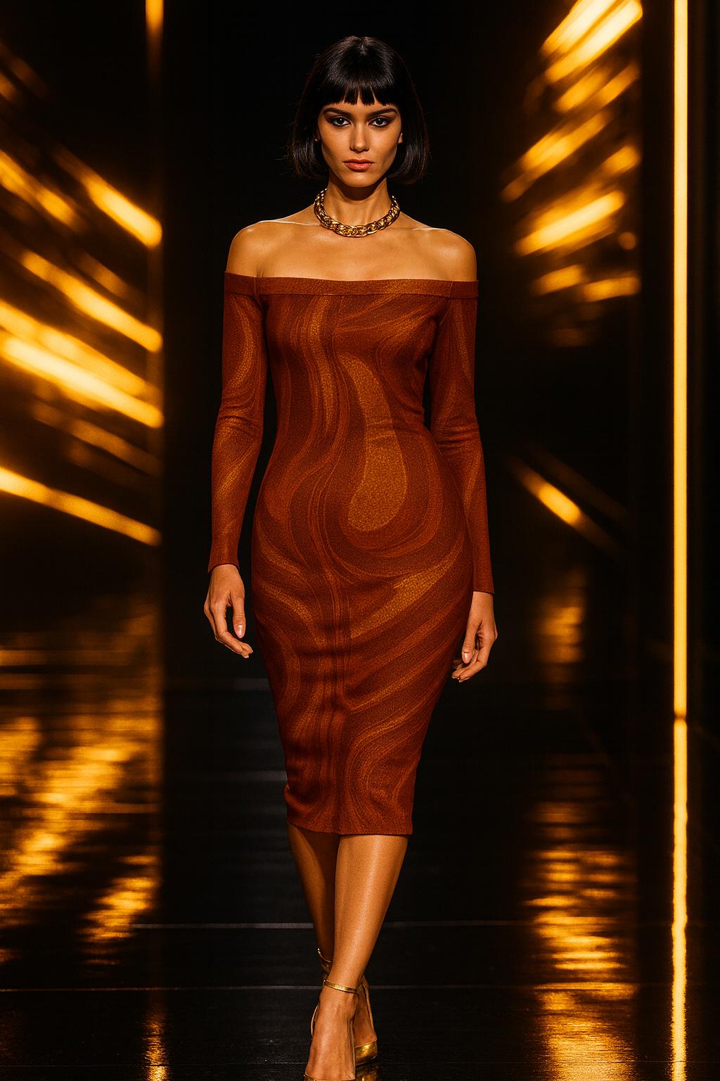 Model wearing a brown gold mosaic off-shoulder dress with long sleeves on runway stage