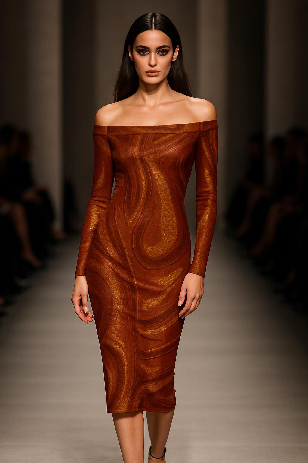 POD luxury brown gold mosaic off-shoulder dress with long sleeves and fitted silhouette