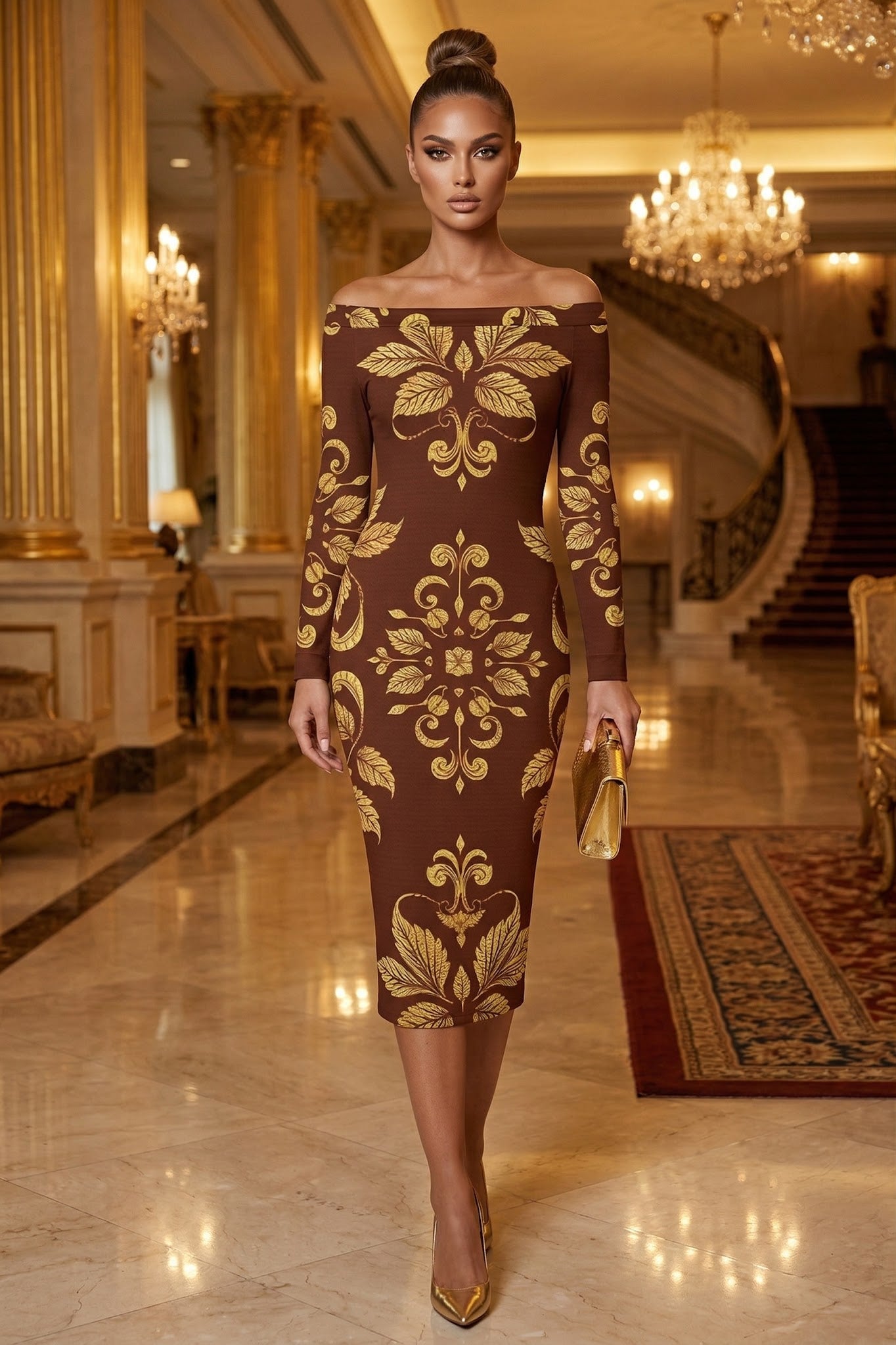 Brown-Golden Leaf-Baroque Bodycon Dress Elegant Evening Outfit Long Sleeve Fitted Design