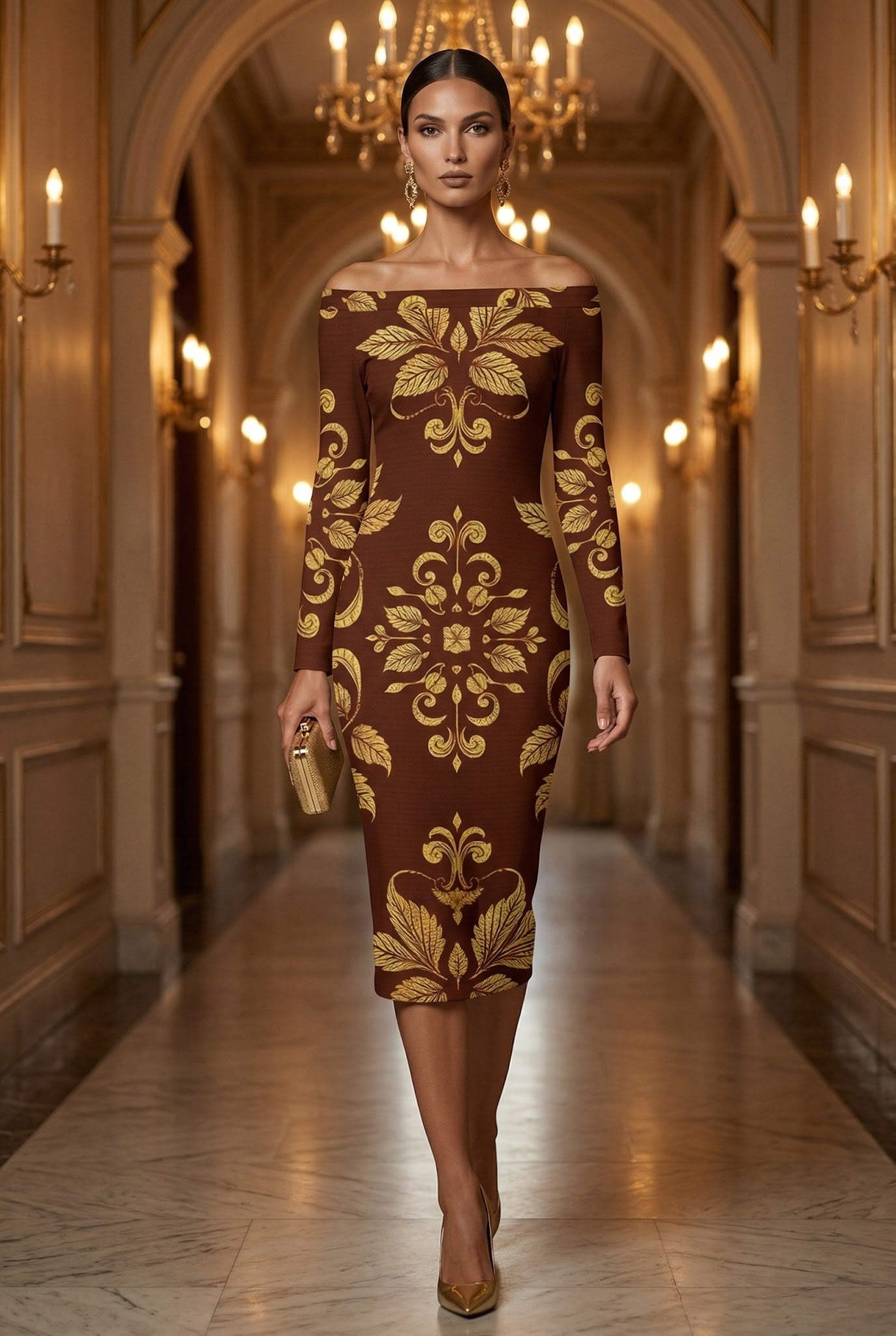 Brown-Golden Leaf-Baroque bodycon dress Elegant Evening Outfit with Long Sleeves