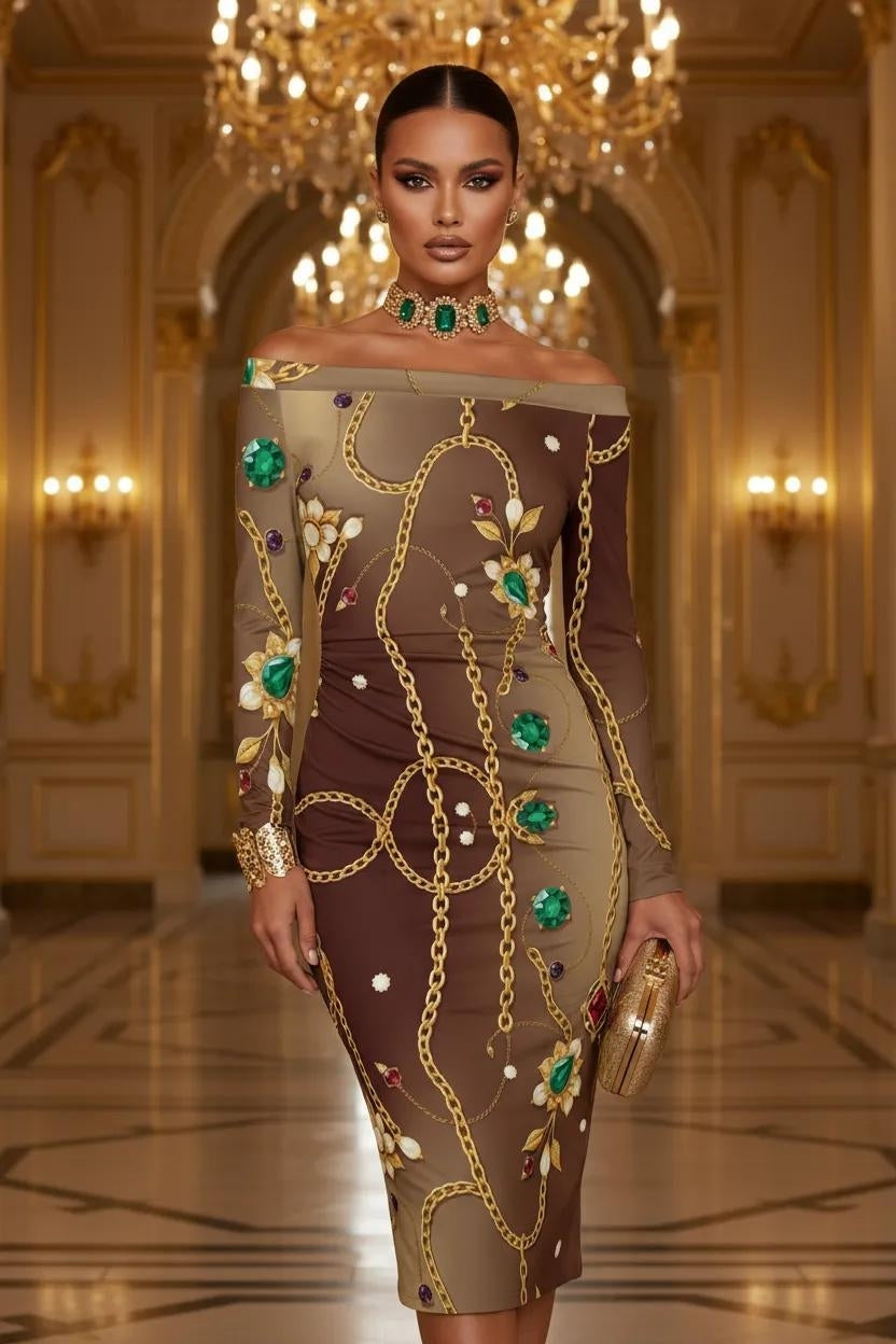 Cocktail Dress Elegant Evening Outfit With Floral And Chain Print Design