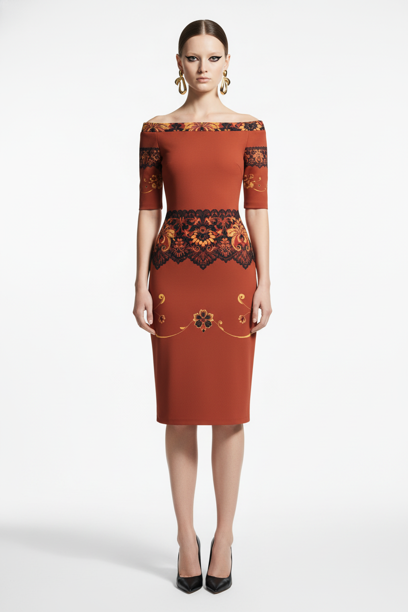 Fabric texture of brown off the shoulder midi dress with pencil silhouette in polyester