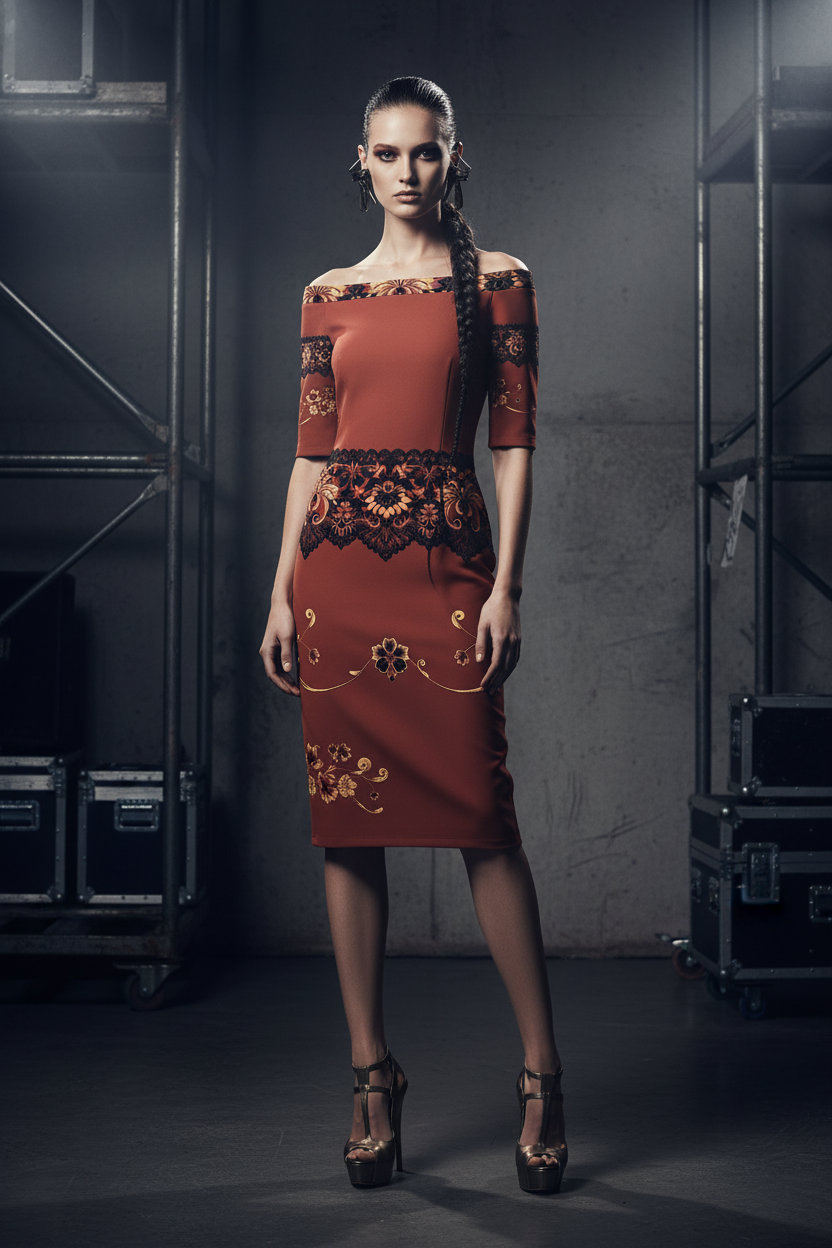 Model wearing brown off the shoulder midi dress with pencil silhouette and short sleeves