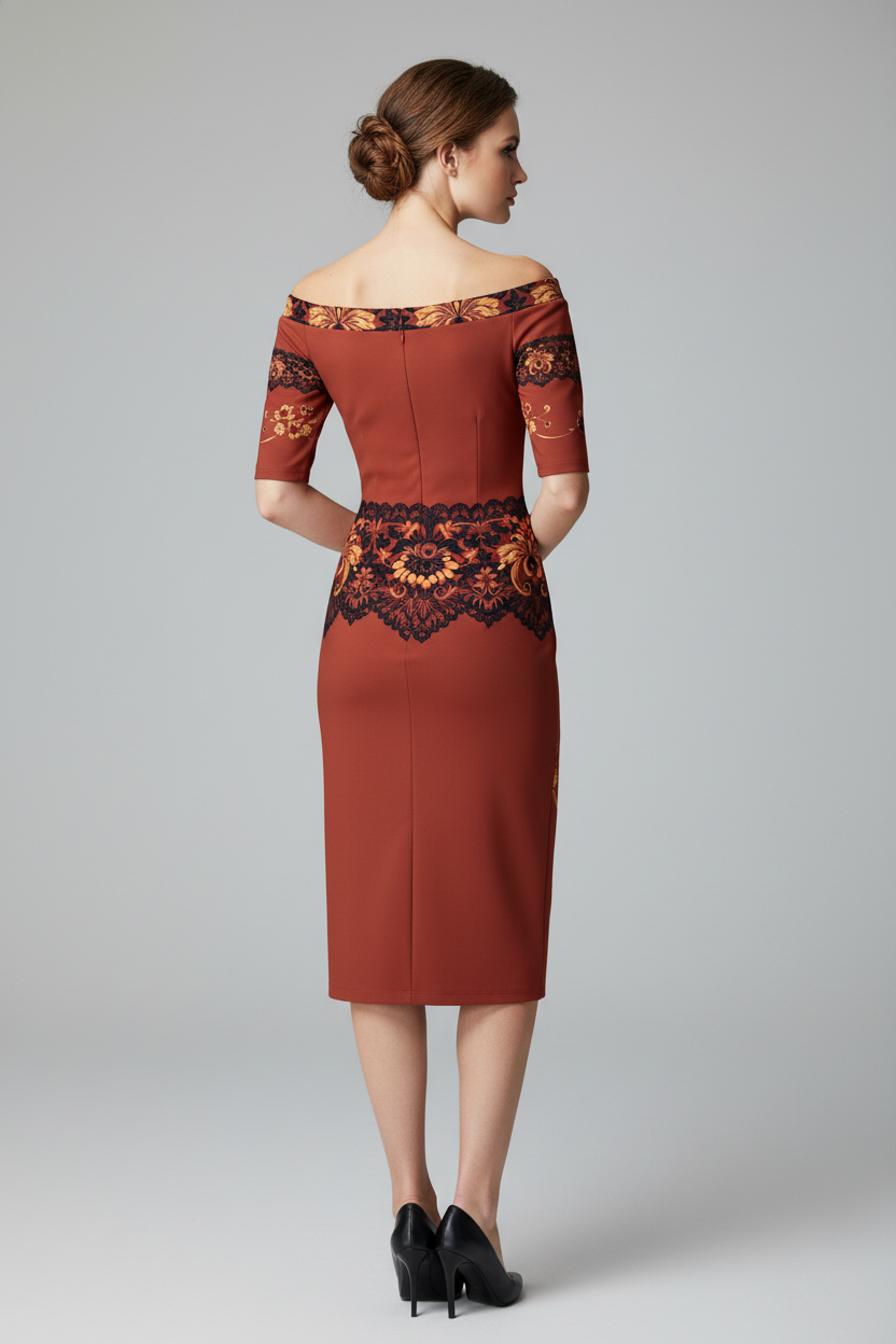 Off the shoulder neckline detail of brown midi dress with pencil silhouette
