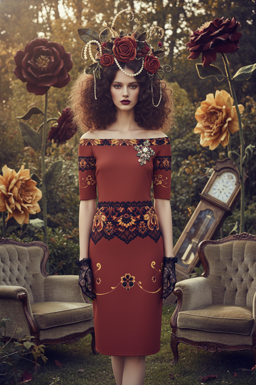 Model wearing brown off the shoulder midi dress with pencil silhouette short sleeves