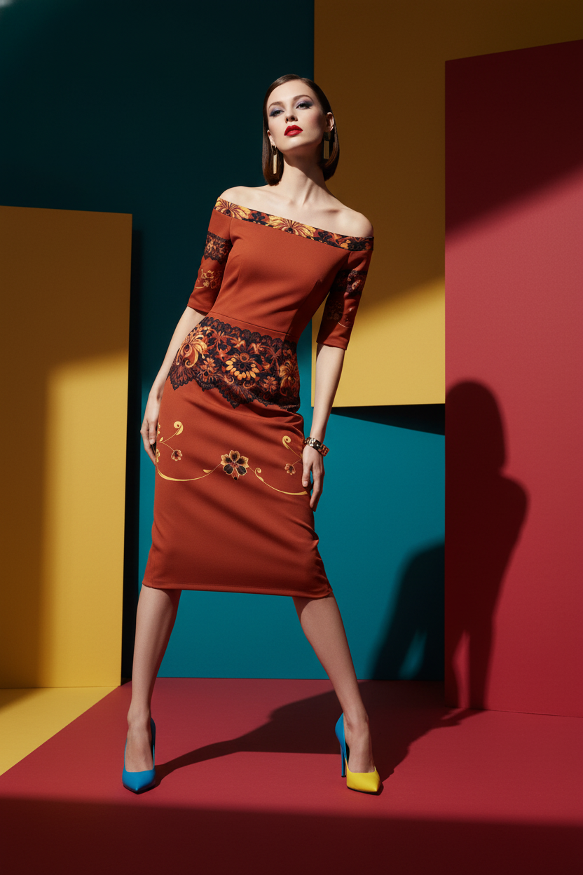 Side view showing brown off the shoulder midi dress with pencil silhouette fit