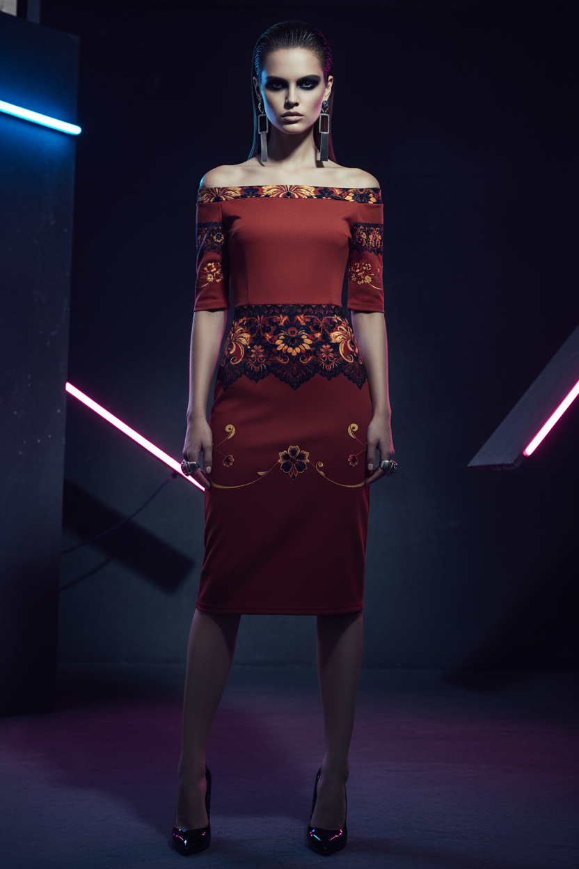 Studio view full body photo of brown off the shoulder midi dress with pencil silhouette