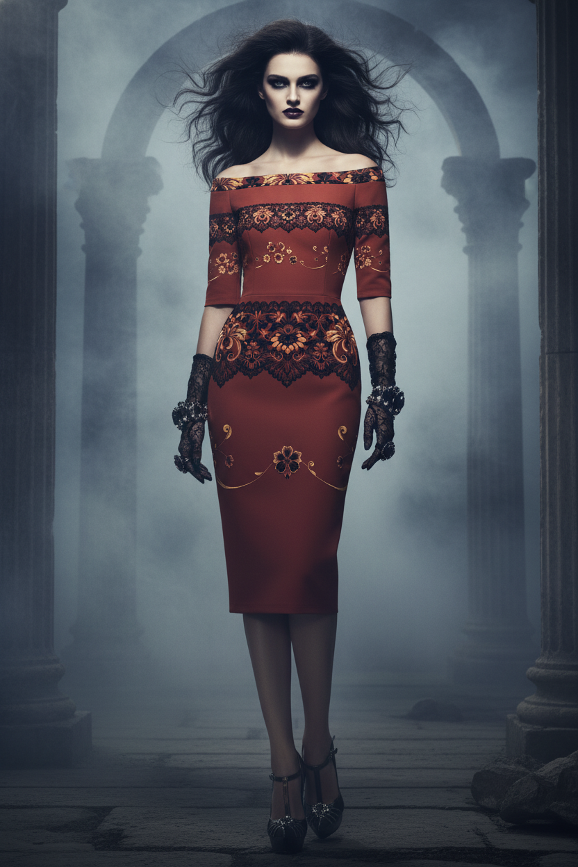 Flatlay styling of brown off the shoulder midi dress with pencil silhouette and accessories