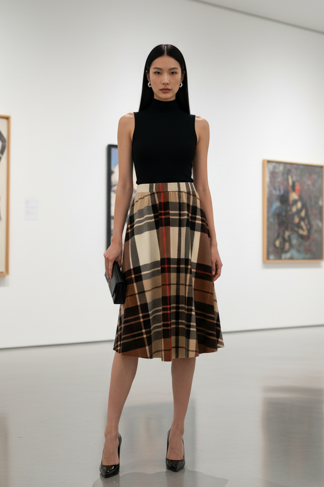 Plaid Skirt Outfit with Elegant Evening Style and Classic Pattern Design