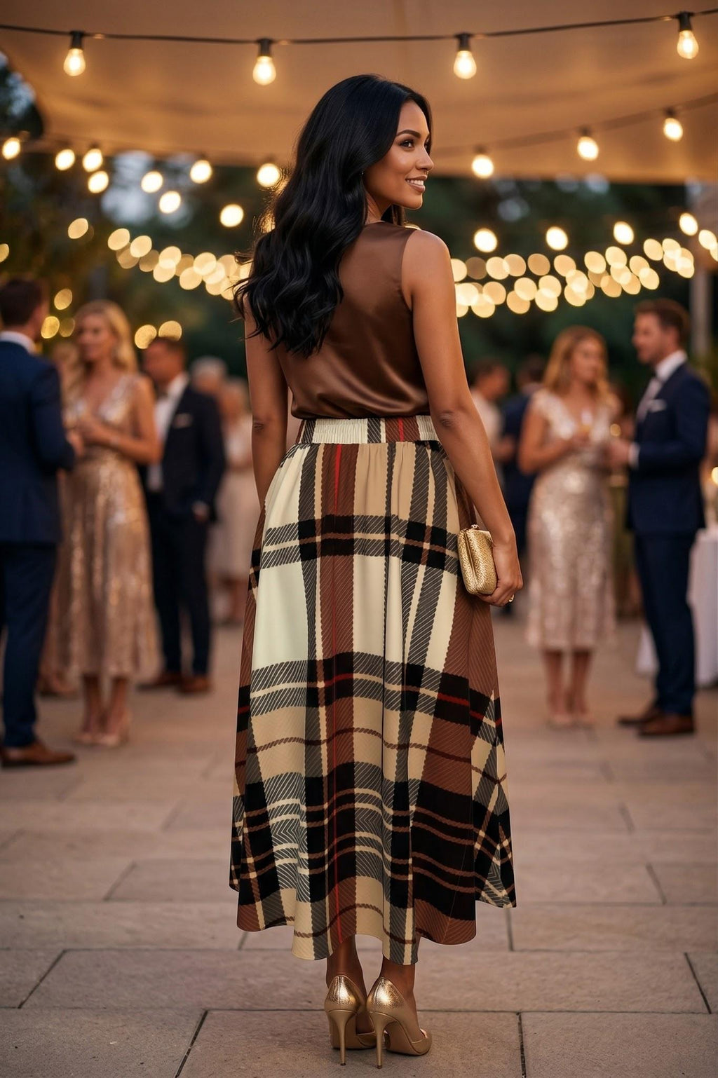 Plaid Skirt Elegant Evening Outfit with Brown and Cream Checkered Pattern
