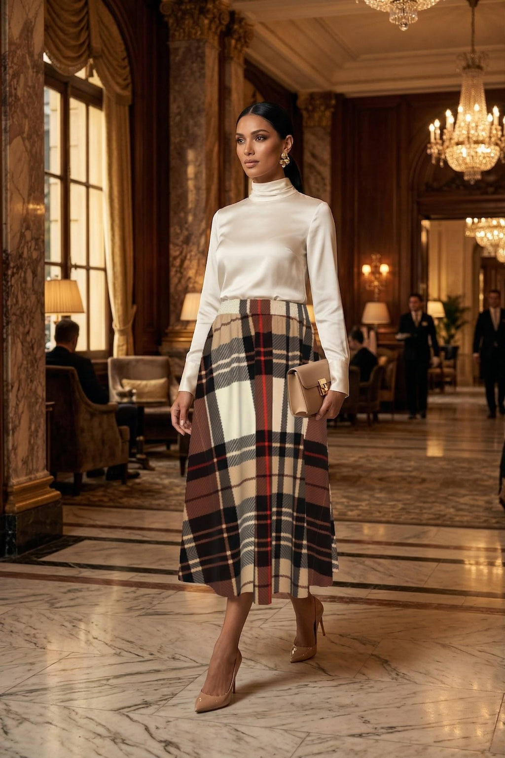Plaid Skirt Elegant Evening Outfit with High Waist and Midi Length