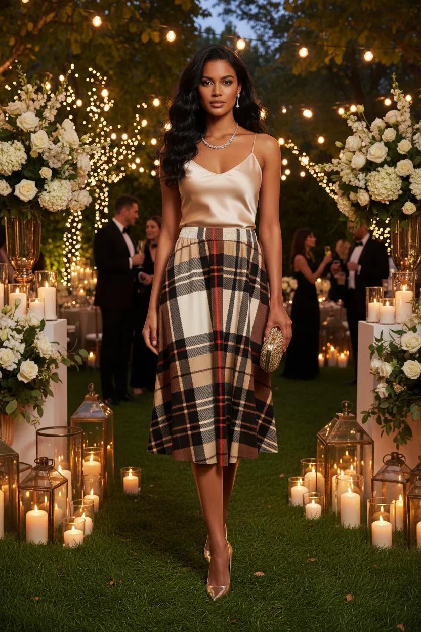 Plaid Skirt Elegant Evening Outfit Stylish Midi Length Fashionable Look