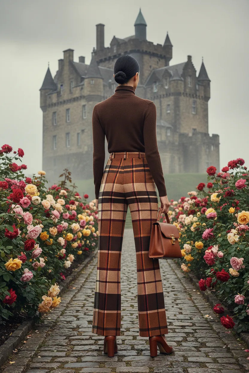 Woman wearing brown tartan wide leg trousers women with matching brown top and handbag in a garden path