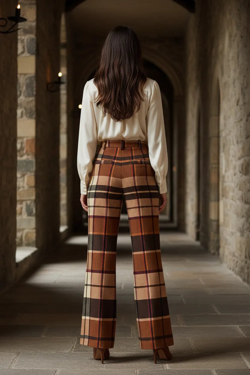 Brown tartan wide leg trousers women styled with a cream blouse in a stone archway setting
