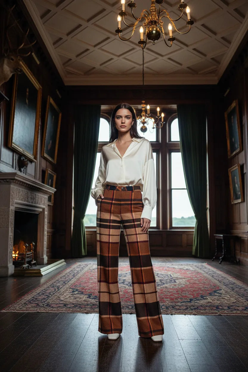 Woman wearing brown tartan wide leg trousers women paired with a white blouse in an elegant room