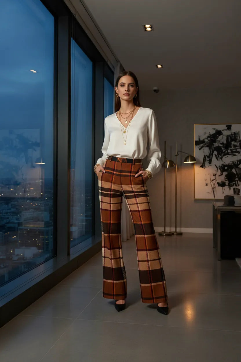 Woman wearing brown tartan wide leg trousers women from Angelic Blessing Shop with white blouse and black heels