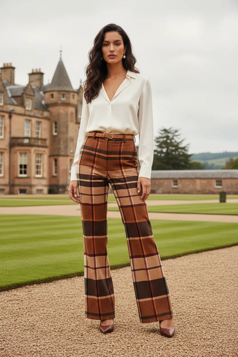 Brown tartan wide leg trousers women styled with white blouse in outdoor elegant setting