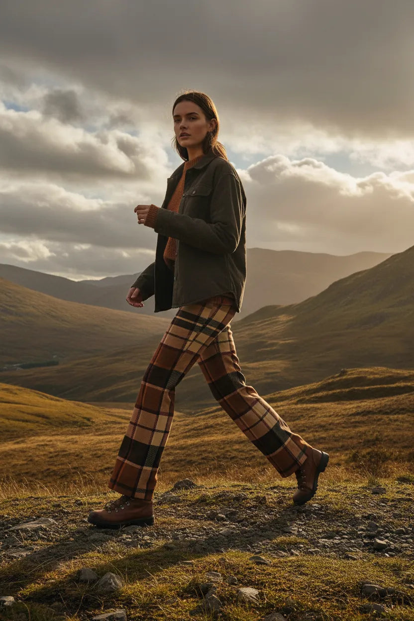 Woman wearing brown tartan wide leg trousers women walking outdoors in a scenic mountainous landscape