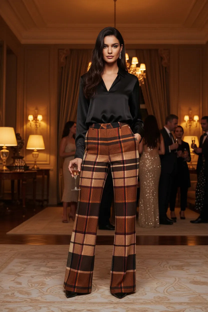 Brown tartan wide leg trousers women styled with a black satin blouse at an elegant evening event