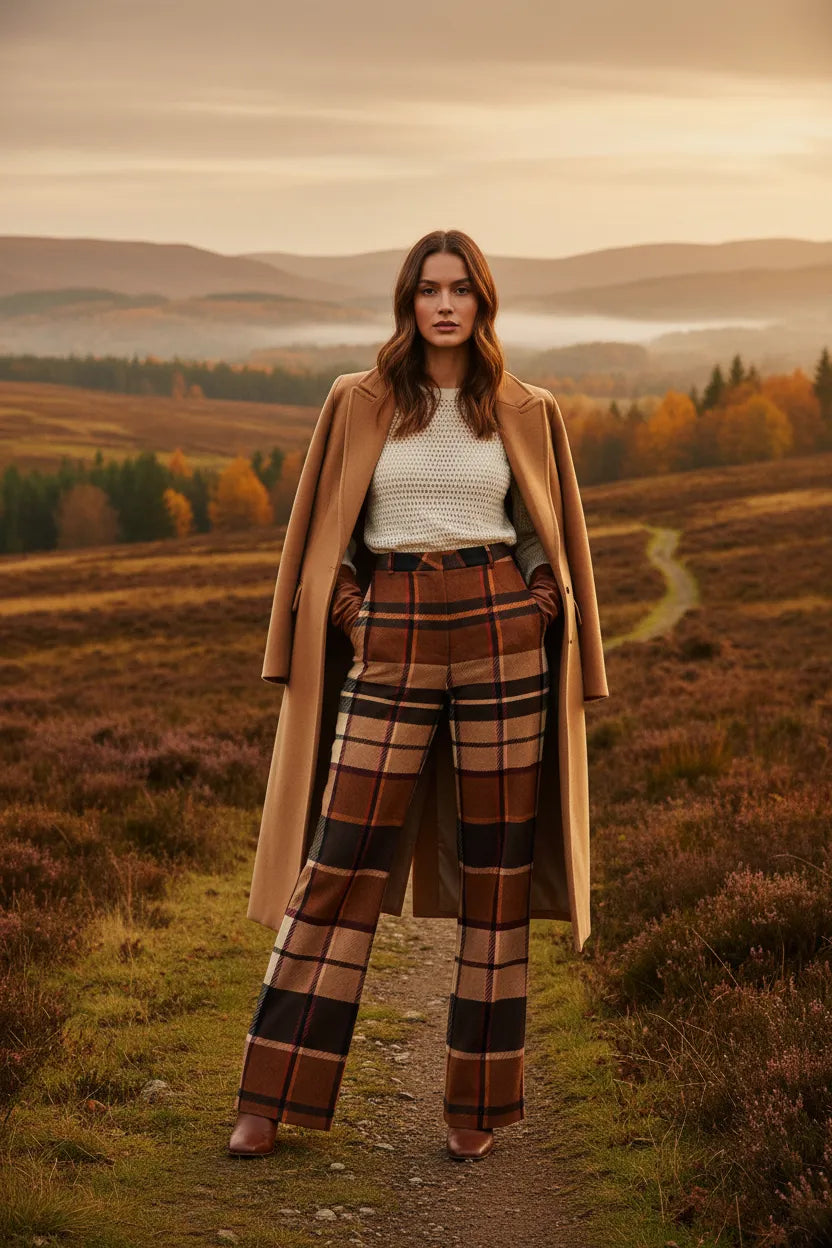 Woman wearing brown tartan wide leg trousers women paired with camel coat and white sweater in outdoor autumn setting