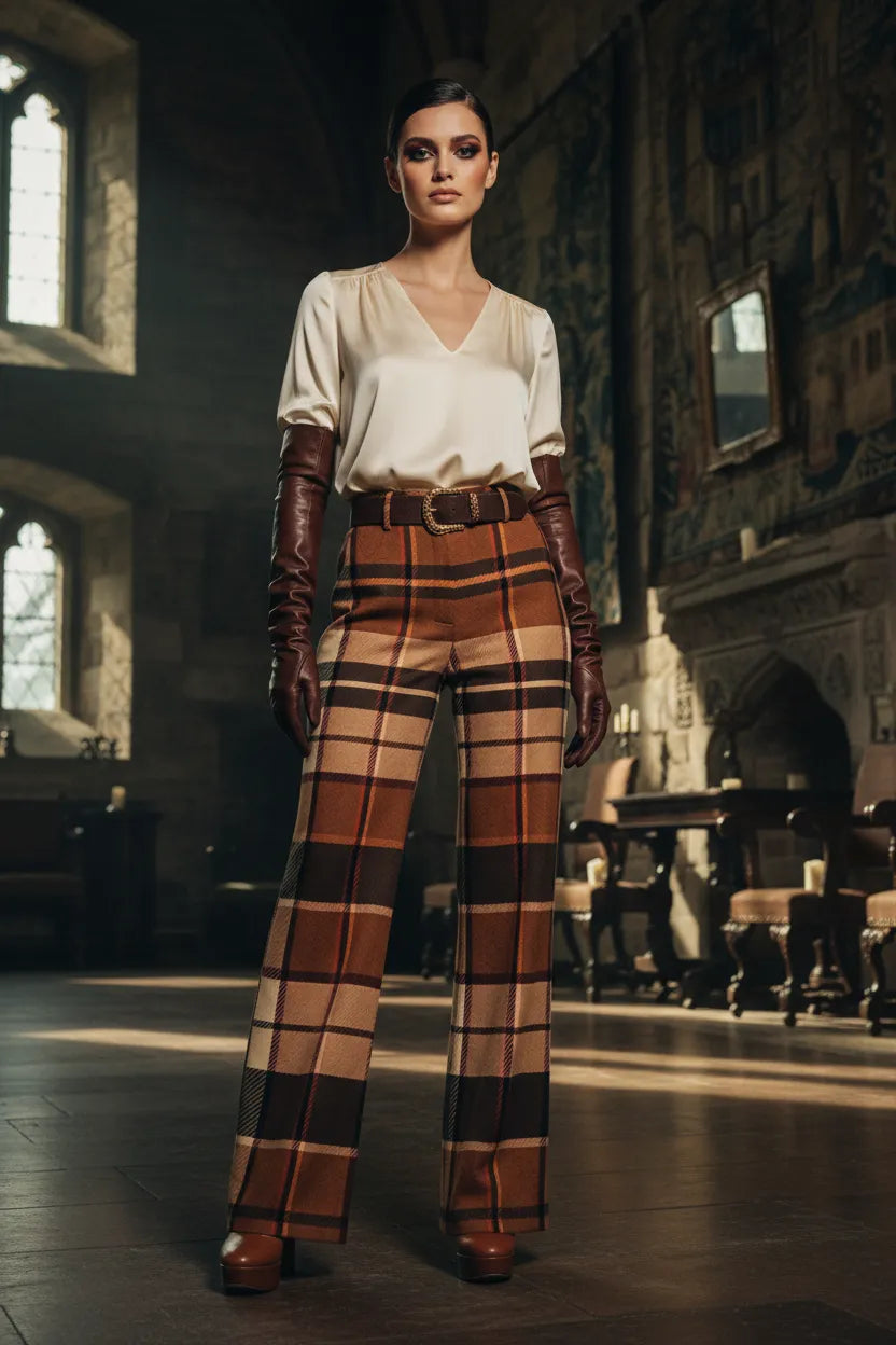 Brown tartan wide leg trousers women styled with cream blouse and long brown gloves in vintage room