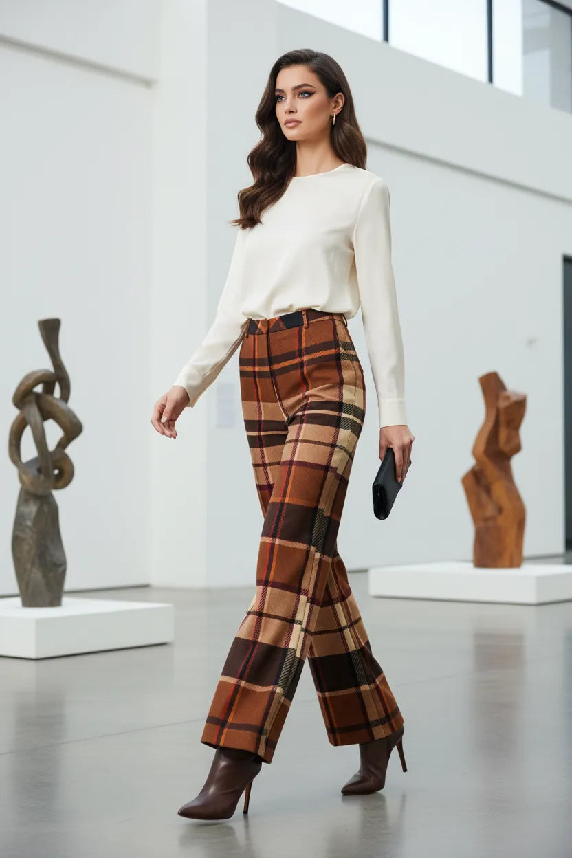 Woman wearing brown tartan wide leg trousers women styled with a white top and brown ankle boots