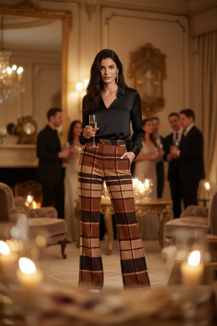 Woman wearing brown tartan wide leg trousers women styled with black blouse at elegant party