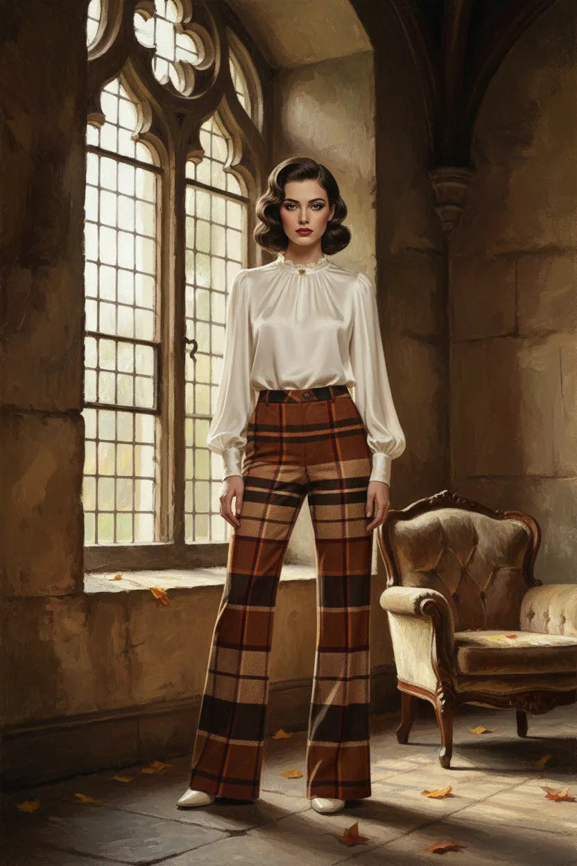 Brown tartan wide leg trousers women styled with white blouse in vintage room setting