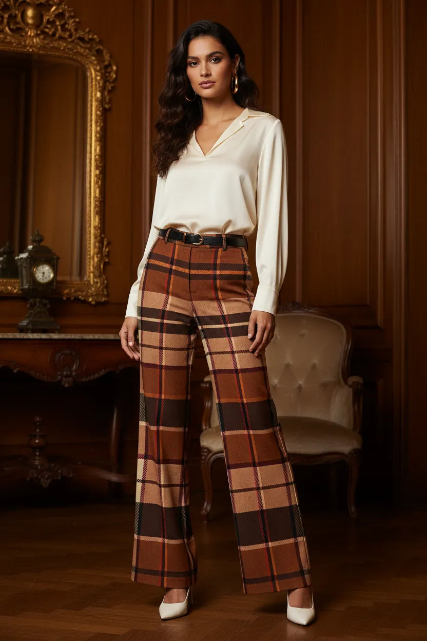 Brown tartan wide leg trousers women styled with a cream blouse and white heels in a vintage room