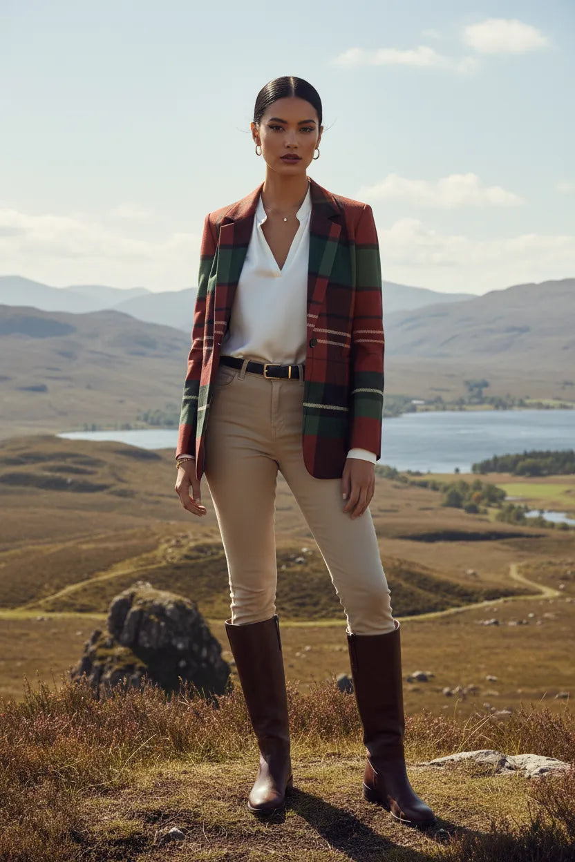 Angelic Blessing Shop burgundy and green plaid jacket for women worn outdoors with beige pants and brown boots