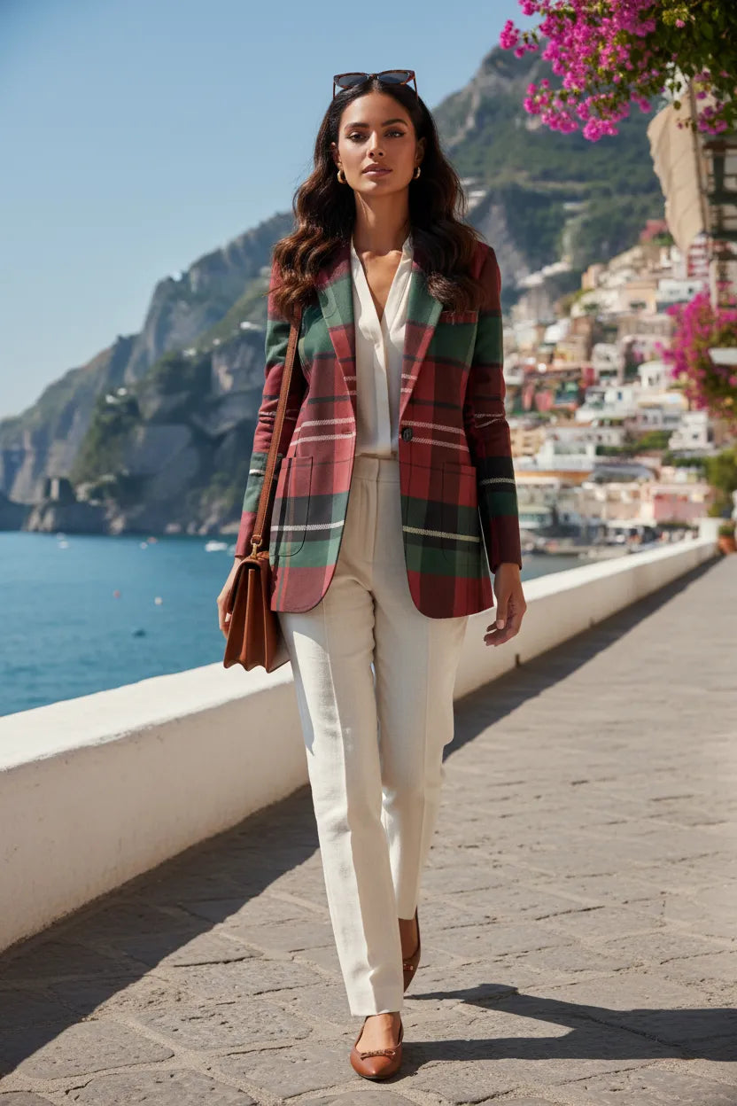 Woman wearing burgundy and green plaid jacket for women styled with white pants and brown accessories