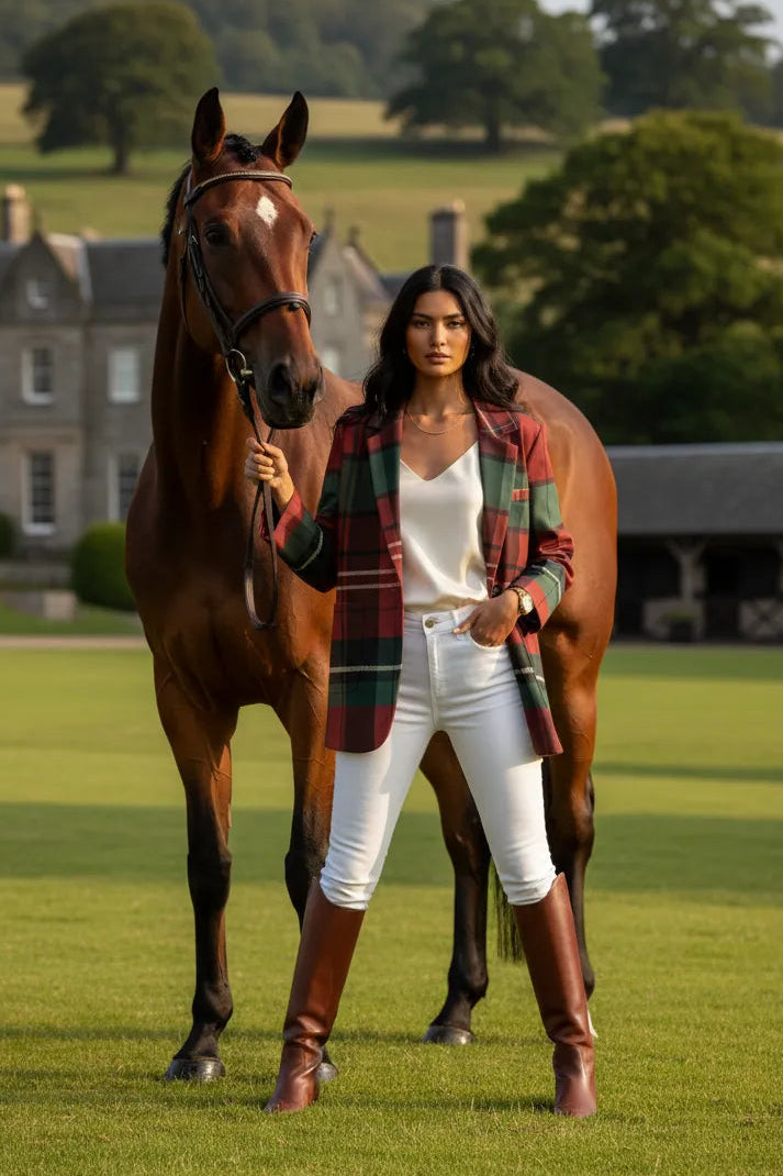 Woman wearing a burgundy and green plaid jacket for women standing next to a brown horse outdoors