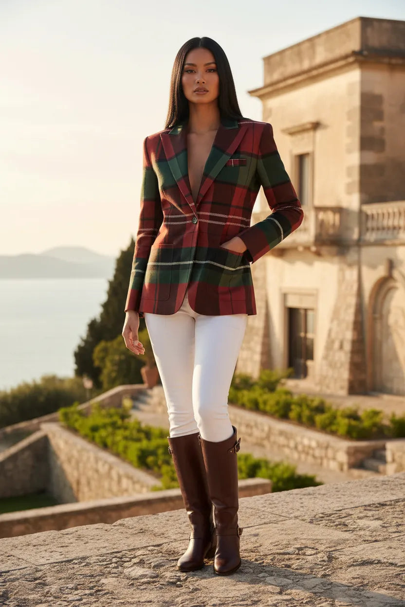 Woman wearing burgundy and green plaid jacket for women styled with white pants and brown boots outdoors