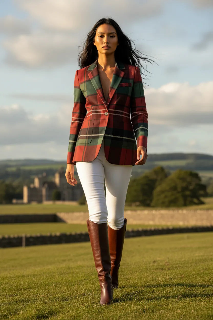 Woman wearing a burgundy and green plaid jacket for women paired with white pants and brown boots outdoors